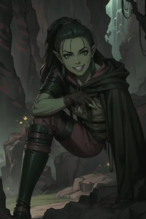 <lora:Orc Girl LoRA:0.5>,  <lora:ColoredSkin:0.6>, beautiful girl, pointy ears, (malicious grin):2, (dark green skin):2, big high ponytail, black hair, green pupils, sturdy leather chestplate with metal accents, fitted leather pants, [knee-high leather boots], fingerless leather gloves, flowing dark green cloak with hood, mysterious illuminated caverns with glowing crystals, ethereal light, high contrast, sharp focus, masterpiece, best quality, highly detailed, HDR, highest quality, highres, sharp focus, 8k, 16k, skin pores, dynamic lights, realistic shadows, best shading, award winning masterpiece, looking at viewer, breast focus, <lora:Anti White LORA:1>