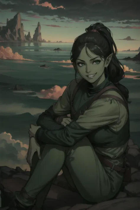 <lora:Orc Girl LoRA:0.5>,  <lora:ColoredSkin:0.6>, beautiful girl, pointy ears, (malicious grin):2, (dark green skin):2, big high ponytail, black hair, green pupils, chainmail shirt and leggings, wearing a black tunic, belts with daggers, cluster of floating islands in the sky, ethereal bridges, breathtaking view, fluffy clouds, high above the ground, high contrast, sharp focus, masterpiece, best quality, highly detailed, HDR, highest quality, highres, sharp focus, 8k, 16k, skin pores, dynamic lights, realistic shadows, best shading, award winning masterpiece, looking at viewer, breast focus, <lora:Anti White LORA:1>, sitting, hugging knees
