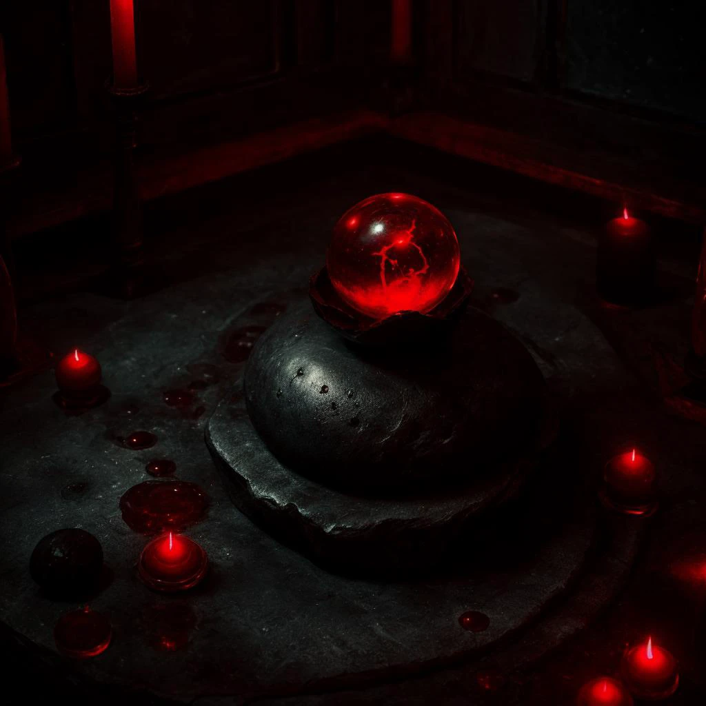 crystal sphere of blood on an altar in a dark room <lora:BloodMagic:0.8> bloodmagic, fantasy, magical energy, blood <lora:antiwhite:0.8>