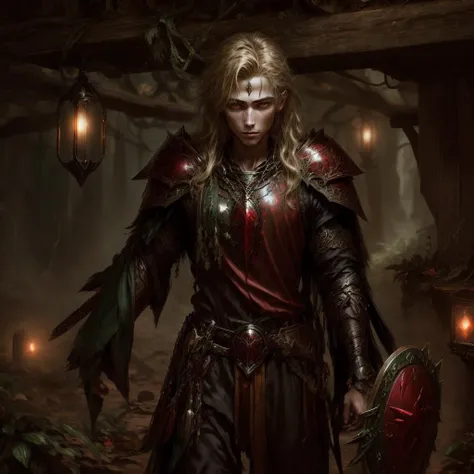 19 yo boy in dark bronze armor holding a shield and spear, blonde hair green eyes <lora:BloodMagic:0.8> bloodmagic, fantasy, magical energy, blood <lora:antiwhite:0.8> <lora:more_details:0.8> <lora:JnTrp:0.8> JnTrp