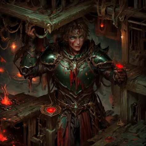 19 yo boy in dark bronze armor holding a shield and spear, blonde hair green eyes <lora:BloodMagic:0.8> bloodmagic, fantasy, magical energy, blood <lora:antiwhite:0.8> <lora:more_details:0.8> <lora:JnTrp:0.8> JnTrp