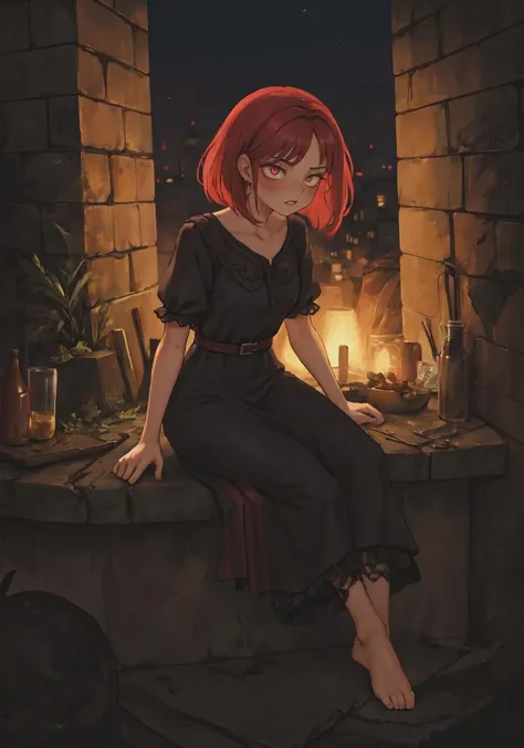 1girl, (darkness), stone walls, arm support, sitting, no shoes, soles, crazy eyes, black legwear, pantyhose, elegant gothic dress, black dress, black frills, black lace, cowboy shot <lora:antiwhite:1.0>, black shirt, black petticoat (red hair)