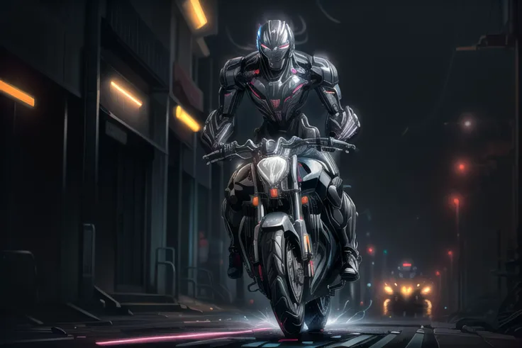 (Ultron:1.3), (riding futuristic motorcycle:1.2), bustling city at dusk, neon lights reflecting off steel body, cars and buses passing by, dynamic action (cyberpunk aesthetic:1.2), (glowing neon:1.3), (detailed:1.1), (HDR:1.1), (sharp focus:1.1)