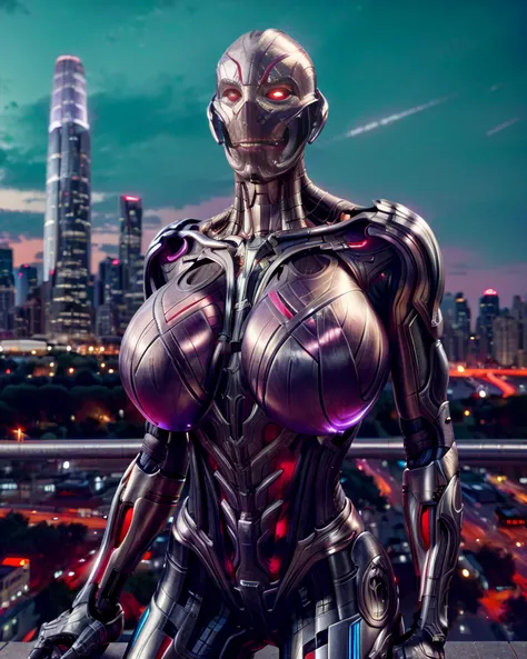 Ultron, realistic image with (huge breasts:1.15), amidst a city skyline during twilight, metallic surface reflecting city lights, (hyper-realism:1.2) (photorealism:1.3) (dusk lighting:1.1) (cityscape:1.1)