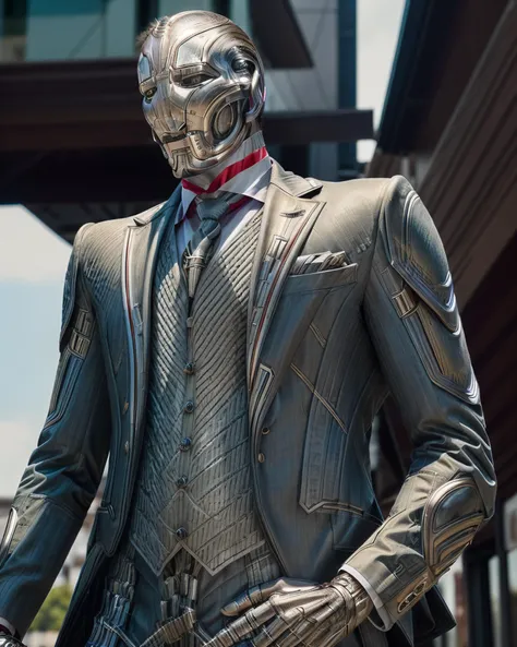 RAW photo, Realistic photograph of (Ultron:1.33) (elegantly dressed in a tailored suit and tie:1.8), (cityscape:1.1) serving as a stylish backdrop, (bustling crowd:1.1) of well-dressed people around him, (evening light:1.1) adding a sophisticated touch, (cufflinks and pocket square:1.1) adding to his outfit, (high resolution:1.2) (natural colors) (well-lit) (sharp focus) (high detailed skin:1.2), 8k uhd, dslr, soft lighting, high quality, film grain, Fujifilm XT3