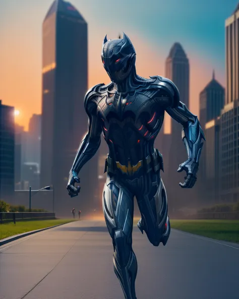 <lyco:GoodHands-beta2:1.0> Realistic photograph of (Ultron:1.2)|(Batman:1.35) jogging on a crowded city sidewalk, (skyline:1.1) in the background, (pedestrians:1.1) weaving around him, (sunrise:1.1) casting a warm light on his metallic form, (jogging gear:1.1) including running shoes and sweatbands, (high resolution:1.2) (natural colors) (action shot) (sharp focus)