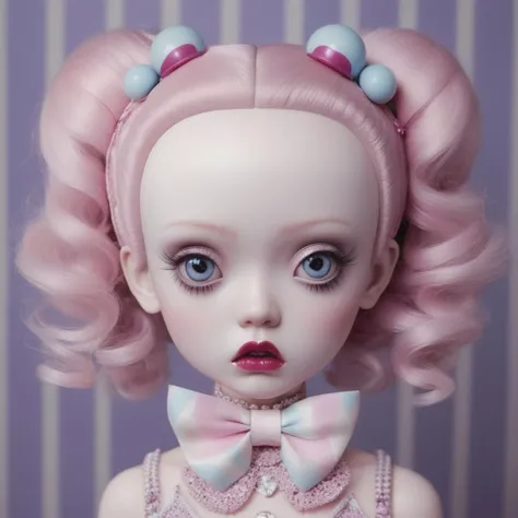 <lora:add-detail-xl:0.8> ((fullbody:1.3)) ((mark ryden:1.3)) ((pastel colour:1.3)) a purple and blue kaleidoscope doll on a purple background, in the style of shohei otomo, playful cartoons, minjae lee, , otherworldly landscapes, dark white and light cyan, cute cartoonish designs, dressed as black magic being held in an organ by a skeleton, light pink and white, emilia wilk, laurie lipton, kawaii art, zigzags, disfigured forms, in the style of kitsch aesthetic, candycore, eerily realistic, kawaiipunk, dark pink and light pink, rinpa school, color stripes, vintage hasselblad 35mm, Hazeltine Color Analyzer <lora:bigeyes-v2_16x8-4x1:0.4> big eyes, anime eyes <lora:popovy_SDXL-fashion-doll-000006:0.8> Fashion Doll