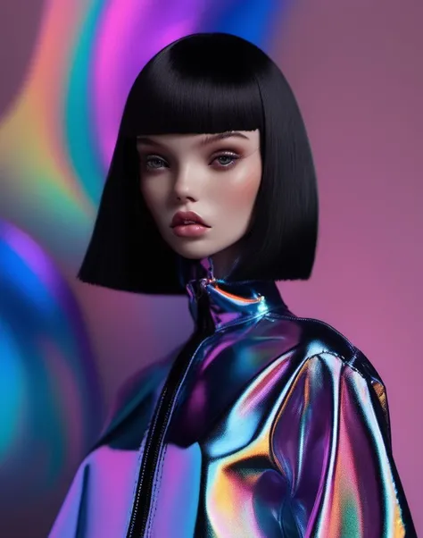 hologram of fashion doll <lora:popovy_SDXL-fashion-doll-000006:1> (full length photo:1.1) , (high fashion photo shoot:1.1), (bob cut hair:1.1), (Balenciaga:1.2), (colourful background:1.1) floating in space, a vibrant digital illustration, dribbble, quantum wavetracing, black background, behance hd