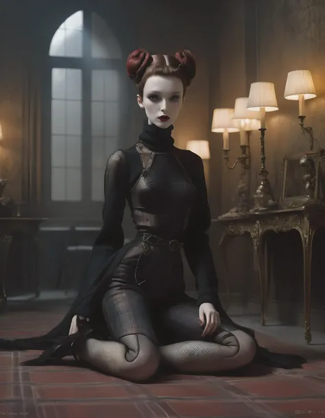 (nude art), (masterpiece, best quality, hyper realistic, raw photo, photorealistic, intricately detailed), In the dark castle where the presence of vampires and ghosts linger, a beautiful doll in cutting-edge Gothic fashion poses alluringly with a provocative expression, Surrounding ancient furniture and wall patterns further amplify her decadent atmosphere, __ai_pose__, solo, fashion-doll, hand drawn, <lora:popovy_SDXL-fashion-doll:0.95>, beauty, sensual, melancholy, delicate, fashionable, detailed beautiful face, perfect big eyes, female model dressed by __fashion__, __fashion__, __fashion__, __artistsxl__, __clothesWildcards_v10/Knit_outfit/aran sweater2__, (rococo:1.2), modern, cinematic, dark, horror, surreal, dreamlike, atmospheric, moody, dramatic, complex, supernatural dimension, ghost, Inspired by David Lynch, (dynamic angle:1.4), dynamic composition, (close up:1.2), film grain, Blade Runner 2049, by Roger Deakins, <lora:RPGGhostXL:0.1>, <lora:add-detail-xl:0.2>, taken by __artists/Photography/photographers__,