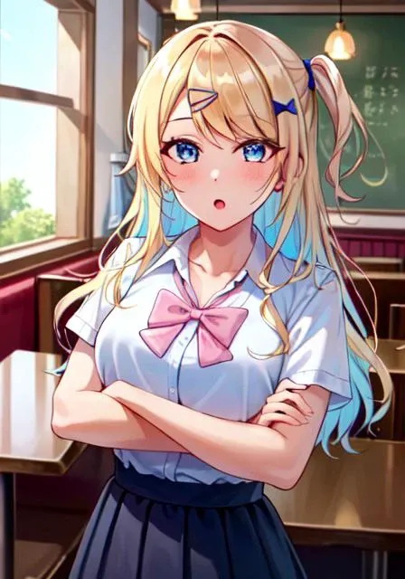 ((masterpiece)), breasts, looking_at_viewer, shirakawa runa, 1girl, solo, long_hair, blush, bangs, blue_eyes, blonde_hair, white_school_uniform, hair_ornament, bow, cleavage, blue_hair, collarbone, (white_shirt:1.5), hair_bow, multicolored_hair, hairclip, collared_shirt, clothes_around_waist, skirt, (pink_bowtie:1.5), streaked_hair, (one_side_up:1.4), gyaru, kogal, ((head tilt, confused, :o)), short sleeves, arms_on_table, (crossed_arms:1.3),

masterpiece, best quality, high quality, absurdres, shiny skin, colorful, dynamic pose, stunning art, best quality, hyper detailed, dynamic angle, beatlful detailed, reflective hair, good lighting, ray tracing, depth of field, ultra-detailed, illustration, Amazing, fine detail, extremely detailed, ((ultra-detailed)), (beautiful detailed girl), beautiful detailed glow, intricate detail, highres, an extremely delicate and beautiful, beautiful detailed eyes, realistic, hdr, rounded eyes, detailed facial features,

(illustration), (beautiful detailed eyes), ((very detailed face)), depth_of_field, eyebrows_visible_through_hair, looking_at_viewer,

clothes reflecting light, (light diffraction on skin: 1.35), (glossy skin: 1.55), (Iridescence Effect: 1.55),

(cafe:1.5),

critical angle