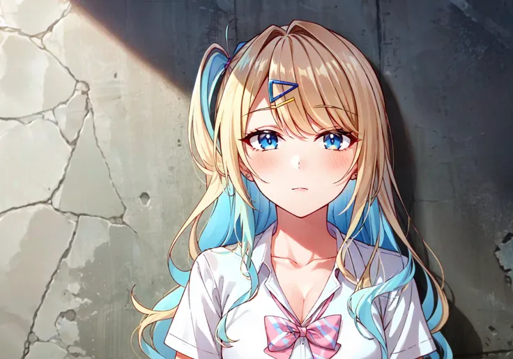 ((masterpiece)), breasts, shirakawa runa, 1girl, solo, long_hair, blush, bangs, blue_eyes, blonde_hair, white_school_uniform, hair_ornament, bow, cleavage, blue_hair, collarbone, (white_shirt:1.5), hair_bow, multicolored_hair, hairclip, collared_shirt, clothes_around_waist, skirt, (pink_bowtie:1.5), streaked_hair, (one_side_up:1.3), gyaru, kogal, short sleeves, 

(illustration), (beautiful detailed eyes), ((very detailed face)), depth_of_field, eyebrows_visible_through_hair, looking_at_viewer,

clothes reflecting light, (light diffraction on skin: 1.35), (glossy skin: 1.55), (Iridescence Effect: 1.55),

alone anime girl stands in a small, dark alleyway, The only light comes from a neon sign that flickers above her head. looking lost and alone, The buildings around her are rundown and have graffiti on the walls, Despite the eerie atmosphere, her eyes scanning the shadows for any clues, relaxed, leaning on a wall that is behind them using it for support,

critical angle