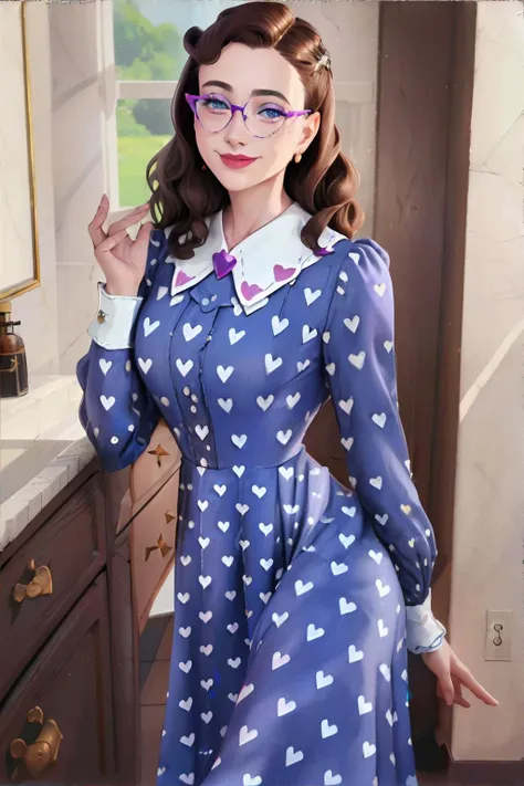 <lora:retropolkadotheartdress-freckledvixon:0.7>, h34rtsblu3,long sleeves,dress,purple dress,heart pattern,polka dot heart dress, collared dress, <lora:bzl:0.8>, bzl_test, short wavy brown hair, (grey|blue) eyes, glasses, (freckles:0.4), closed smile || skin, hair, clothing, masterpiece, 8k, high resolution, shallow depth of field, sharp focus
