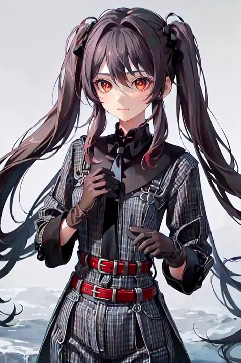 <lora:su1tju:0.85> su1tju, white shirt, black gloves, belt, bodysuit, black necktie, <lora:Hu_Tao_Genshin:0.75> Hu_Tao_Genshin, 1girl, solo, long hair, red eyes, brown eyes, flower-shaped pupils, twintails, hu tao \(genshin impact\),, absurdres, ultra detailed, masterpiece, best quality, aesthetic, detailed,