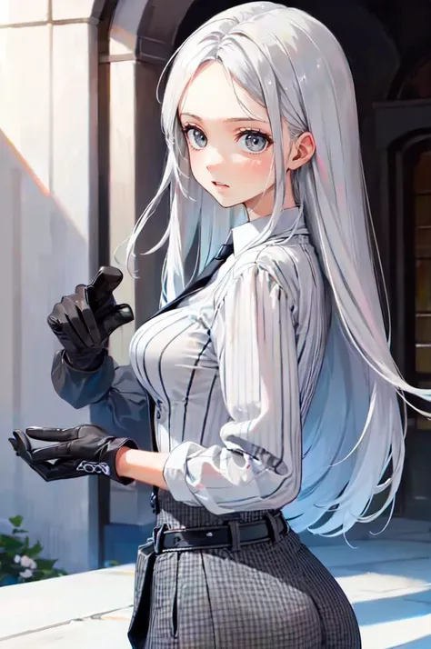 <lora:su1tju:0.85> su1tju, white shirt, black gloves, belt, bodysuit, black necktie, looking back,, absurdres, ultra detailed, masterpiece, best quality, aesthetic, detailed,, serious, 1girl, (white eyes:1.1), (grey eyes:1.3), white hair, very long hair, parted hair, parted bangs, <lora:parted_hair_v1.3:1.3>, medium breasts,