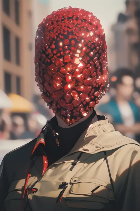 Portrait photo of 1girl, (masterpiece), ((streets)), (detailed face:1.2), (glowing red:1.1) ,(Margiela Mask) <lora:MargielaMask:1>