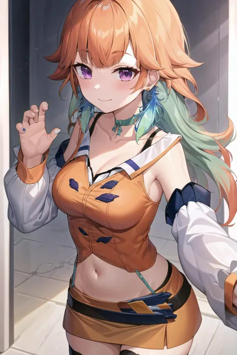 masterpiece, best quality, ultra-detailed, 1girl, (takanashi kiara:1.2), bangs, blush, breasts, choker, closed mouth, collarbone, detached sleeves, earrings, feather earrings, feathers, gradient hair, green choker, green hair, jewelry, long hair, medium breasts, midriff, miniskirt, multicolored hair, navel, orange hair, orange shirt, orange skirt, purple eyes, shirt, skirt, smile, thighhighs, white thighhighs, waving