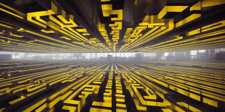 maze made from a cpu die, high contrast, yellow and black color scheme, shart edges, insanely detailed <lora:CPU_Die_v2:1> hanging buildings, upsidedown, folded city, boxed, sky buildings, buildings within buildings, building behind, sideways, glowing lights, neon lights, holograms, sprawling, cyberpunk, night, buildings on the ceiling by greg rutkowski, fog, volumetric lighting