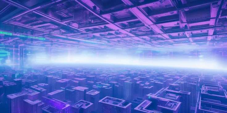 edm concert poster made from a cpu die, high contrast, purple and green color scheme, sharp edges, insanely detailed <lora:CPU_Die_v2:1> hanging cube of gpu die, upside-down, folded city of cpu die, boxed, sky city, cubes within cubes, mazes behind mazes, sideways, glowing lights, neon lights, holograms, sprawling, cyberpunk, night, buildings on the ceiling by greg rutkowski, fog, volumetric lighting