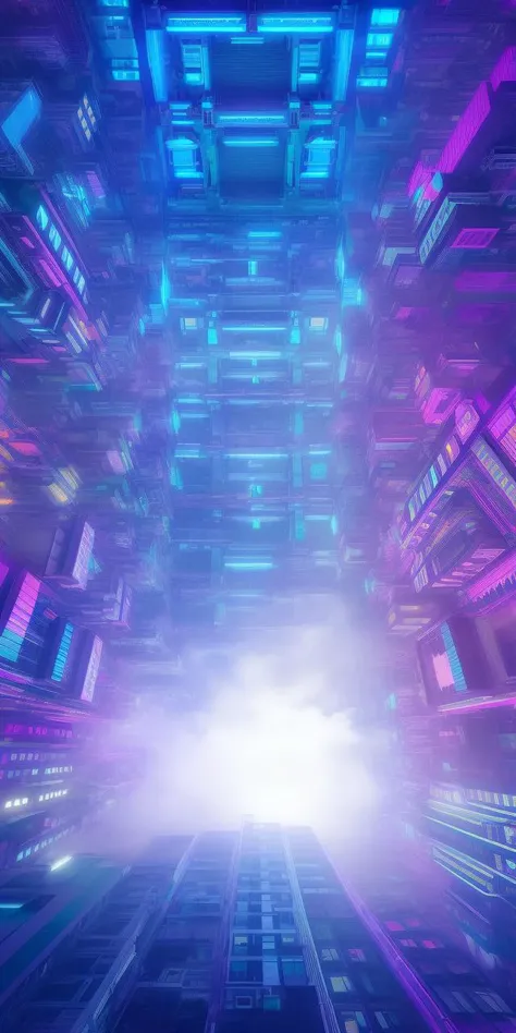 edm concert poster made from a cpu die, high contrast, purple and green color scheme, insanely detailed <lora:CPU_Die_v2:1> hanging cube of gpu die, upside-down, folded city of cpu die, boxed, sky city, cubes within cubes, mazes behind mazes, sideways, glowing lights, neon lights, holograms, sprawling, cyberpunk, night, buildings on the ceiling by greg rutkowski, fog, volumetric lighting