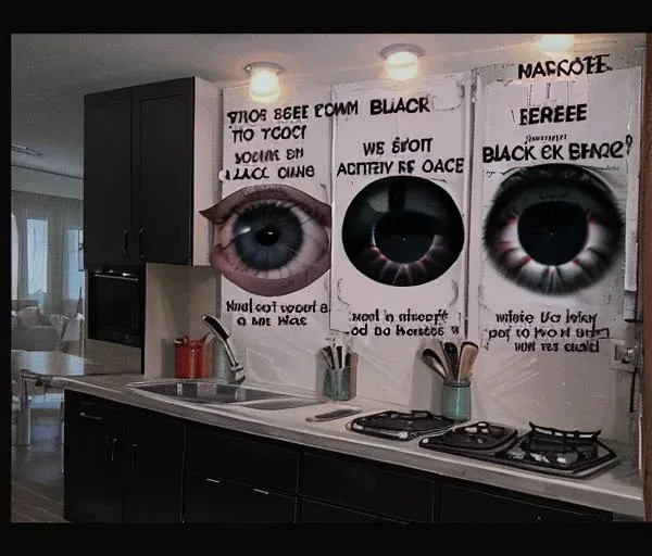 Weirdcore,(black eyes:1.4),no humans, indoors, kitchen, eyes, english text, <lora:hereherehereherehere:0.7>