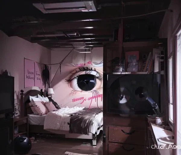 Weirdcore,(black eyes:1.4),no humans, indoors, bedroom, pink, eyes, english text,  <lora:hereherehereherehere:0.7>