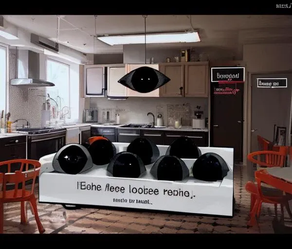 Weirdcore,(black eyes:1.4),no humans, indoors, kitchen, eyes, english text, <lora:hereherehereherehere:0.7>