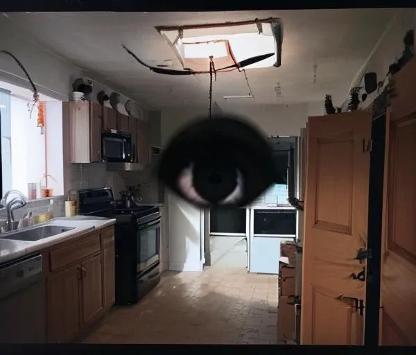 Weirdcore,(black eyes:1.4),no humans, indoors, kitchen, eyes, english text, <lora:hereherehereherehere:0.7>