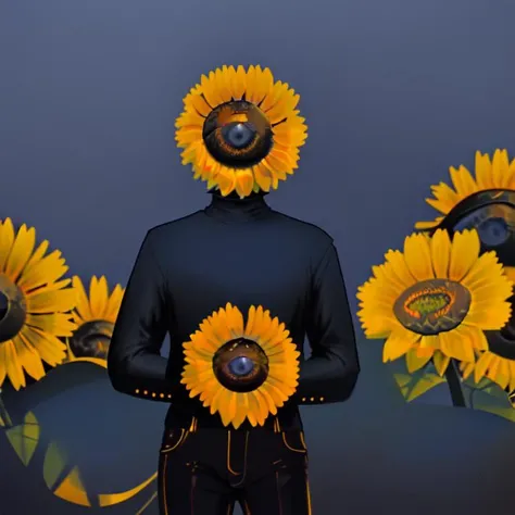 Weirdcore,strange head, sunflower head, flower, sunflower, solo, 1boy, male focus, holding flower, yellow flower, holding, black shirt, cowboy shot, pants, shirt, standing, black pants,no humans,black eyes