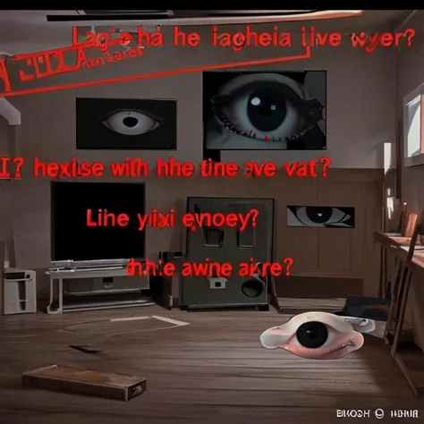 Weirdcore,black eyes,no humans, indoors, solo,(english text:1.2)