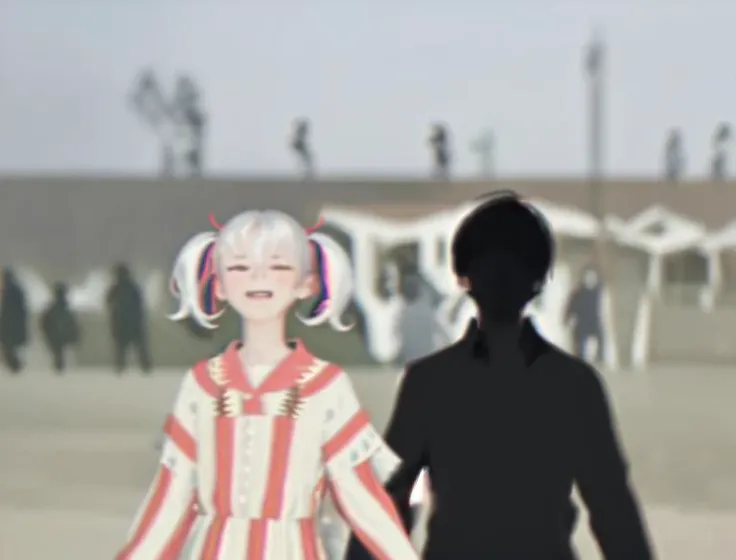 Weirdcore, multiple girls,  shirt, black hair, short hair, from behind, twintails, striped, long hair, striped shirt, dress, long sleeves, multiple boys, upper body, blurry,silhouette,no humans