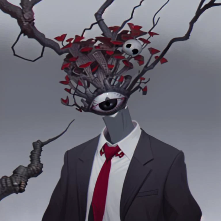 strange head, branch head,1boy,necktie, male focus, formal, suit, solo, shirt, upper body, jacket, white background, long sleeves, collared shirt,no humans,Weirdcore,black eyes