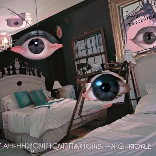 Weirdcore,no humans, (black eyes), bedroom background, (floating eyes), english text <lora:hereherehereherehere:0.9>