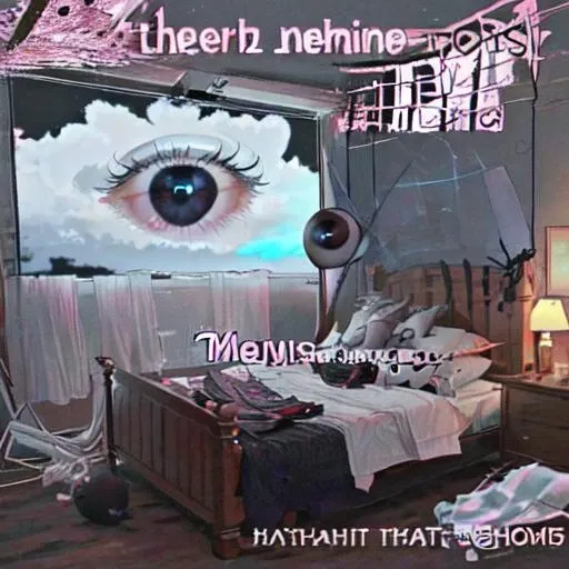 Weirdcore,no humans, (black eyes), bedroom background, (floating eyes), english text <lora:hereherehereherehere:0.9>