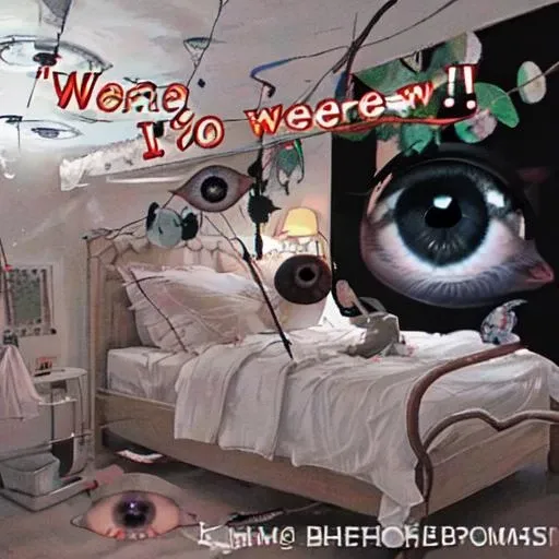 Weirdcore,no humans, (black eyes), bedroom background, (floating eyes), english text <lora:hereherehereherehere:0.9>