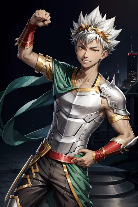 nishina kazuki\(king of prism\), brave, solo, 1boy, male focus, looking at viewer, smile, open mouth, brown eyes, grey hair, spiked hair, armor, arm up, gem, clenched hand, clenched hands, green background, headpiece