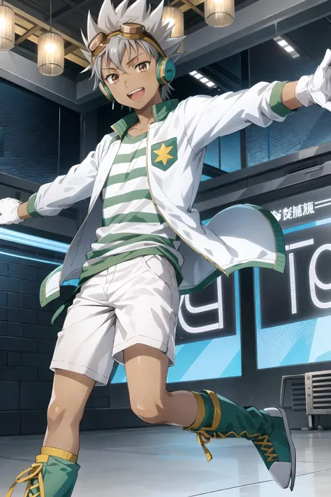 nishina kazuki\(king of prism\), solo, 1boy, male focus, looking at viewer, smile, open mouth, brown eyes, grey hair, spiked hair, shirt, white gloves, green boots, open clothes, open jacket, headphones, outstretched arms, goggles, goggles on head, striped shirt, white shorts, ice skates