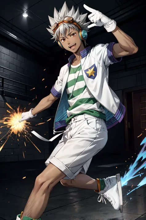 nishina kazuki\(king of prism\), solo, 1boy, male focus, looking at viewer, smile, open mouth, brown eyes, grey hair, spiked hair, shirt, white gloves, green boots, white jacket, open clothes, open jacket, headphones, goggles, goggles on head, striped shirt, white shorts, ice skates, (flaming hand, burning edge, flame Effects:1.2), rainbow background,