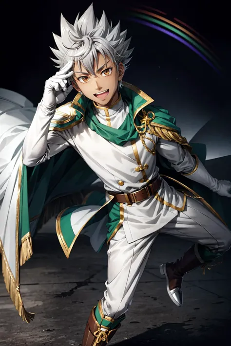 nishina kazuki\(king of prism\), brave, solo, 1boy, male focus, looking at viewer, smile, open mouth, brown eyes, grey hair, spiked hair, boots, white gloves, white cape, green  military uniform, rainbow,