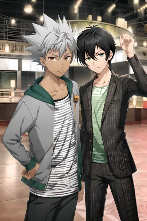 2boys, character focus, looking at viewer, stage, spotlight, stage lights BREAK
<lora:Nishina_Kazuki_No_commercial_use_is_allowed_LoRA:0.5>, 2boys, nishina kazuki\(king of prism\), looking at viewer, brown eyes, grey hair, spiked hair BREAK
<lora:kougami_taiga_No_commercial_use_is_allowed_LoRA:0.5>, 2boys, kougami taiga\(king of prism\), black hair, green eyes, looking at viewer