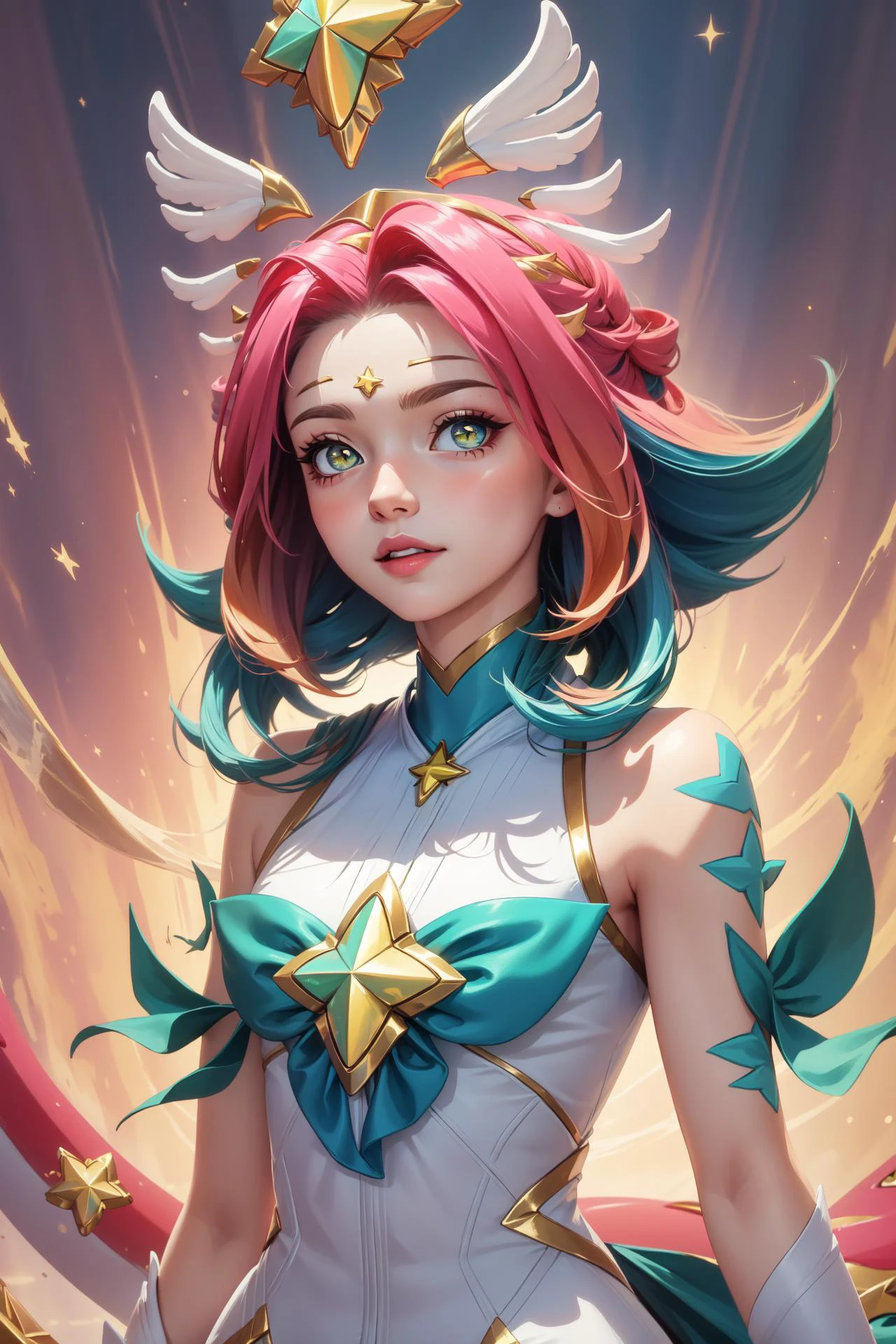 (Masterpiece:1.4), (best quality:1.2), <lora:star_guardian_neeko-000014:1>, star guardian neeko, 1girl, multicolored hair, dress, star guardian \(league of legends\), magical girl, tail, hair ornament, upper body