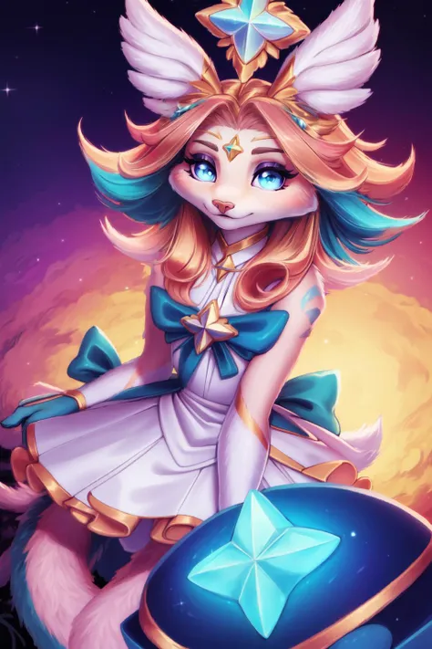 (masterpiece, best quality),  intricate details,
1girl,  <lora:star_guardian_neeko:0.8> star guardian neeko, 1girl, multicolored hair, dress, star guardian \(league of legends\), magical girl, hair ornament, 
 <lora:[STYLE]_personalami_v1:0.8> furry, white fur,