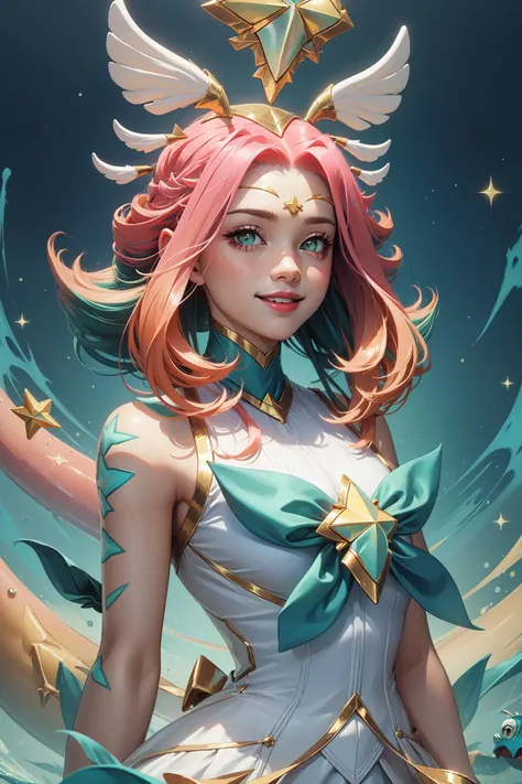 (Masterpiece:1.4), (best quality:1.2), <lora:star_guardian_neeko-000014:1>, star guardian neeko, 1girl, multicolored hair, dress, star guardian \(league of legends\), magical girl, tail, hair ornament, smile