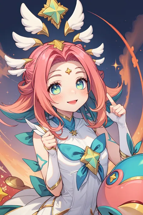 (Masterpiece:1.4), (best quality:1.2), <lora:star_guardian_neeko-000014:1>, star guardian neeko, 1girl, multicolored hair, dress, star guardian \(league of legends\), magical girl, tail, hair ornament, smile, upper body
