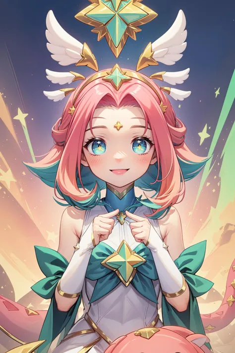 (Masterpiece:1.4), (best quality:1.2), <lora:star_guardian_neeko-000014:1>, star guardian neeko, 1girl, multicolored hair, dress, star guardian \(league of legends\), magical girl, tail, hair ornament, smile, upper body