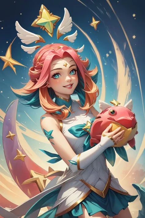(Masterpiece:1.4), (best quality:1.2), <lora:star_guardian_neeko-000014:1>, star guardian neeko, 1girl, multicolored hair, dress, star guardian \(league of legends\), magical girl, tail, hair ornament, smile