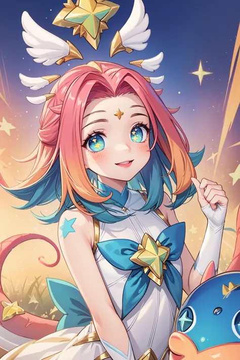 (Masterpiece:1.4), (best quality:1.2), <lora:star_guardian_neeko-000014:1>, star guardian neeko, 1girl, multicolored hair, dress, star guardian \(league of legends\), magical girl, tail, hair ornament, smile, upper body