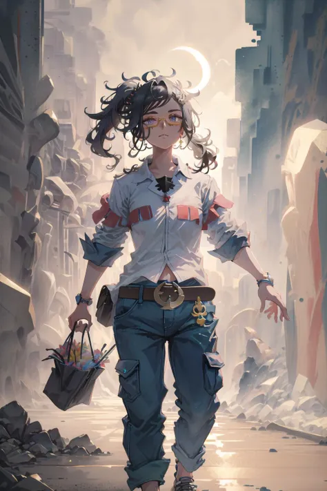 (highly detailed face and eyes:1.3),
<lora:Ink scenery:1>, ink,
<lora:raifort-nvwls-v1:0.7>, raifort, glasses, hair ornament, blue shirt, belt, blue pants, shoes, 
Ultra-detail,(highres:1.1),best quality,(masterpiece:1.3),cinematic lighting,