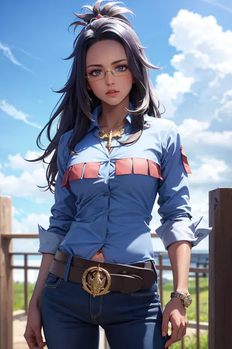 masterpiece, best quality, raifort, glasses, hair ornament, blue shirt, belt, blue pants, cowboy shot, looking at viewer, sky, clouds, contrapposto <lora:raifort-nvwls-v1-000008:0.9>