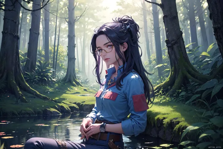 (highly detailed face and eyes:1.3),(upper body:1.3),
<lora:raifort-nvwls-v1:0.6>, raifort, glasses, hair ornament, blue shirt, belt, blue pants, shoes, a beautiful female sitting in a water pond in the middle of (a mystical forest filled with mythical and mystical colorful trees:1.3), crossed legs, from side,
Ultra-detail,(highres:1.1),best quality,(masterpiece:1.3),cinematic lighting,