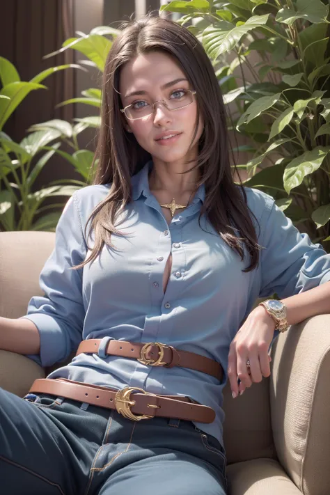 (highly detailed face and eyes:1.3),(upper body:1.3),
<lora:raifort-nvwls-v1:0.7>, raifort, glasses, hair ornament, blue shirt, belt, blue pants, shoes, a beautiful female sitting on a couch in the middle of a jungle, crossed legs, (light smile:1.2),
Ultra-detail,(highres:1.1),best quality,(masterpiece:1.3),cinematic lighting,